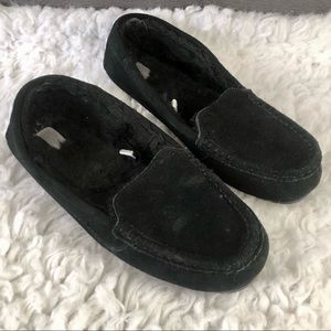 Black suede and faux fur moccasin slipper shoes, 8